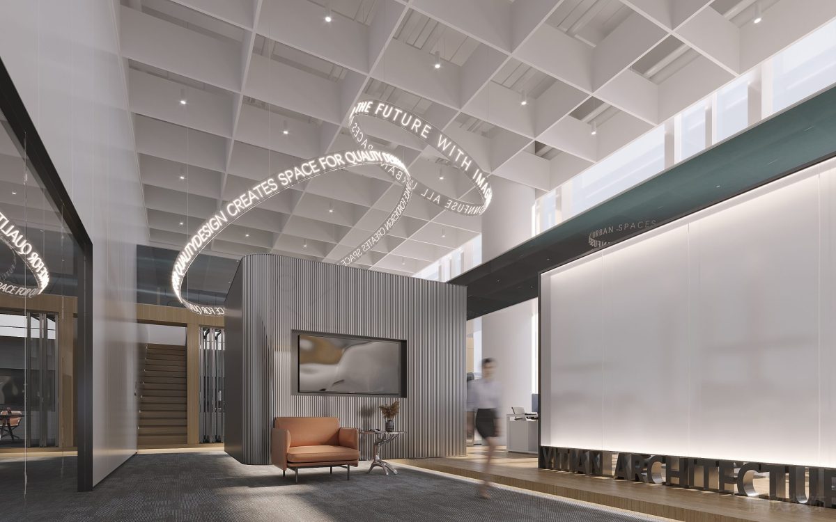 圓形燈飾設(shè)計(jì)效果投影過(guò)道木飾面地臺(tái)辦公室走廊裝修圖