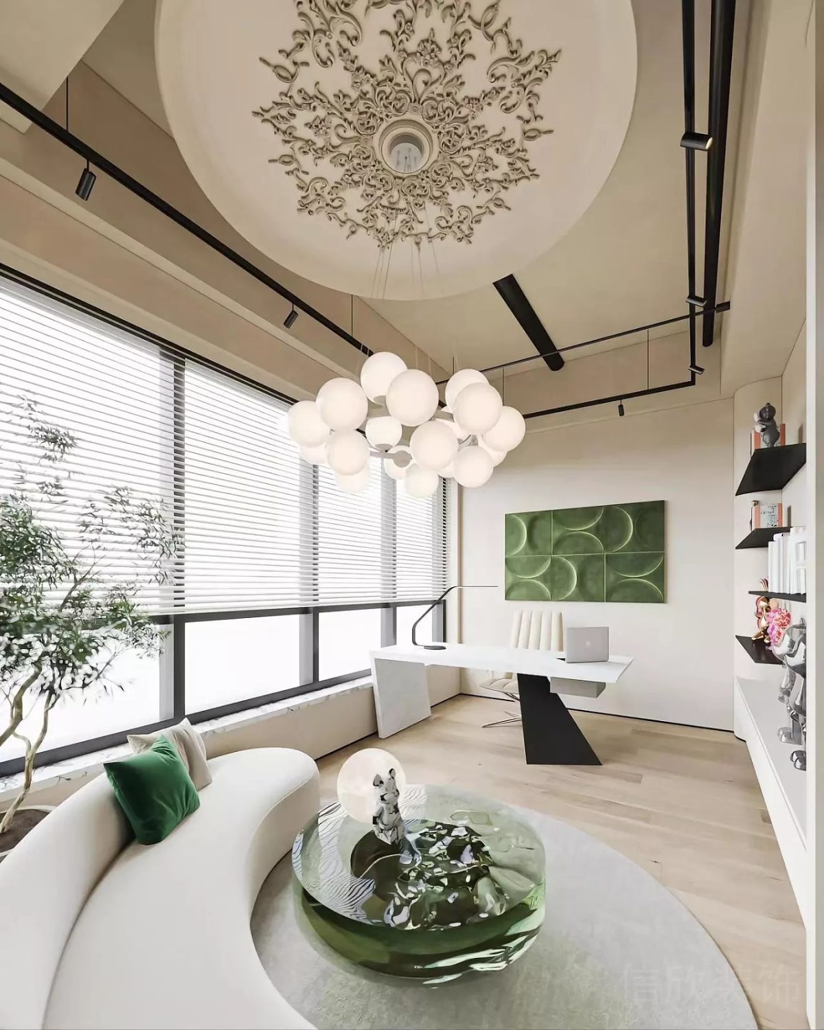 圓形天花效果裝修燈飾效果石膏線設(shè)計總裁辦公室設(shè)計