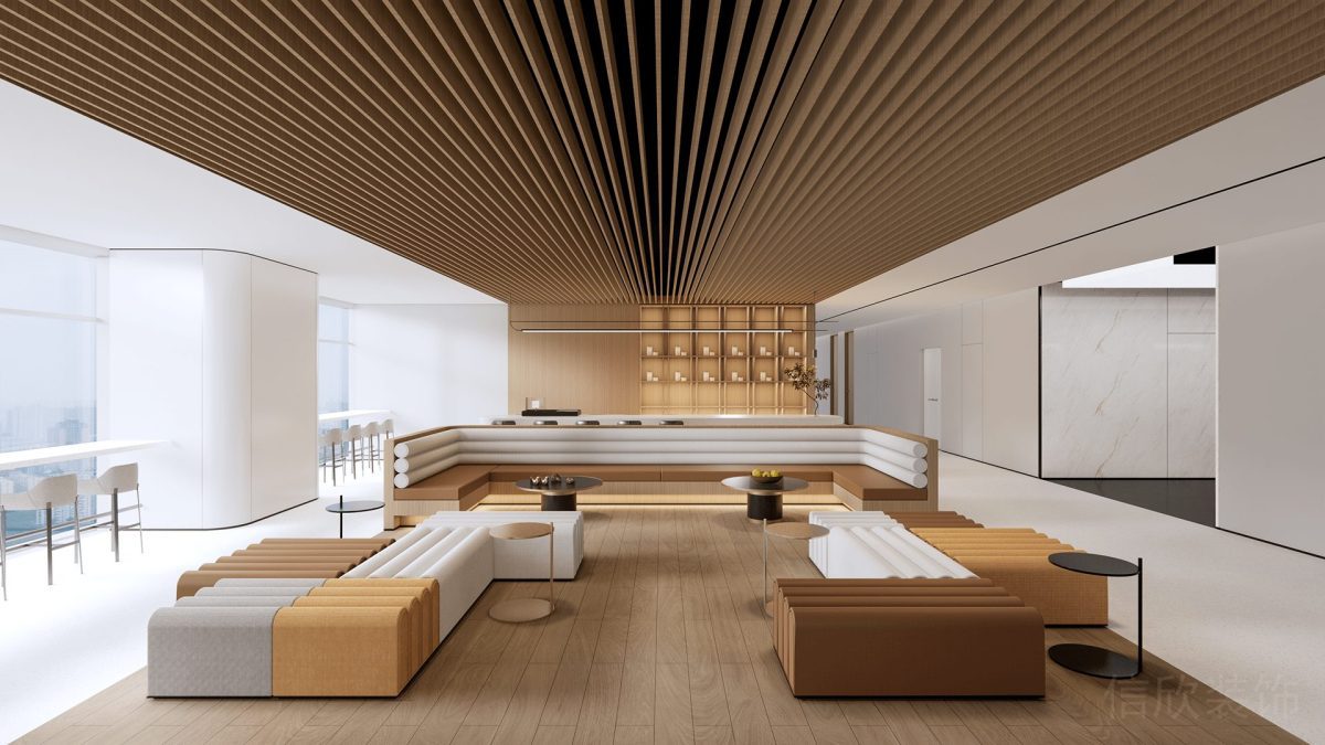 棕色皮革沙發(fā)效果環(huán)形裝修多功能鏤空木飾面效果辦公室休息區(qū)