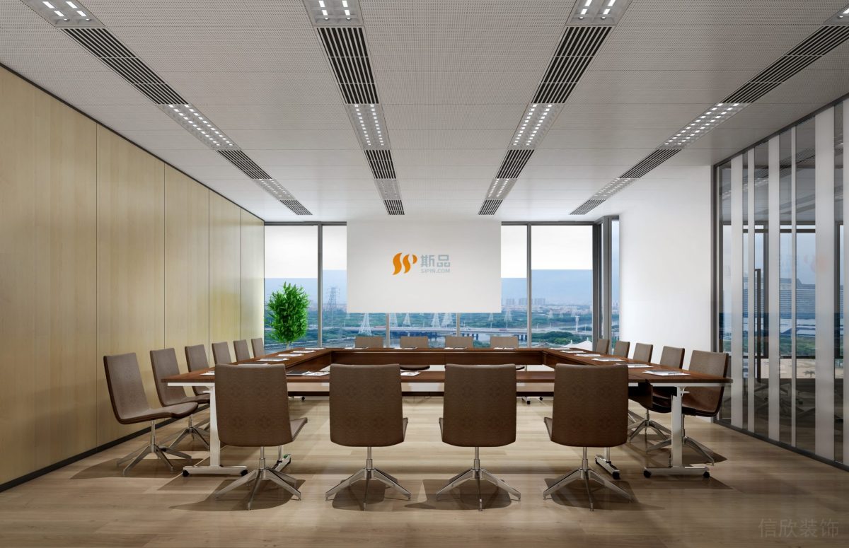 棕色皮革沙發(fā)裝修環(huán)形木質(zhì)地板辦公室設(shè)計圖