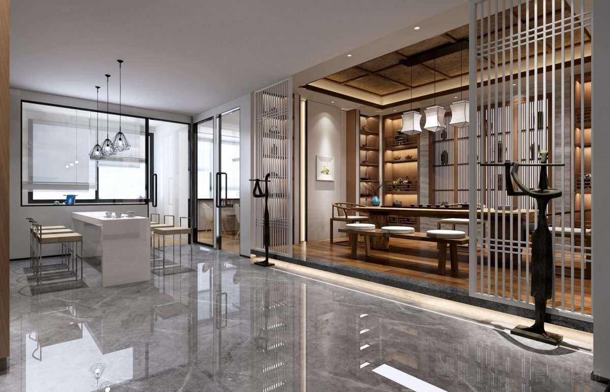 中式原木風(fēng)辦公室裝修地臺效果灰色瓷磚效果辦公室