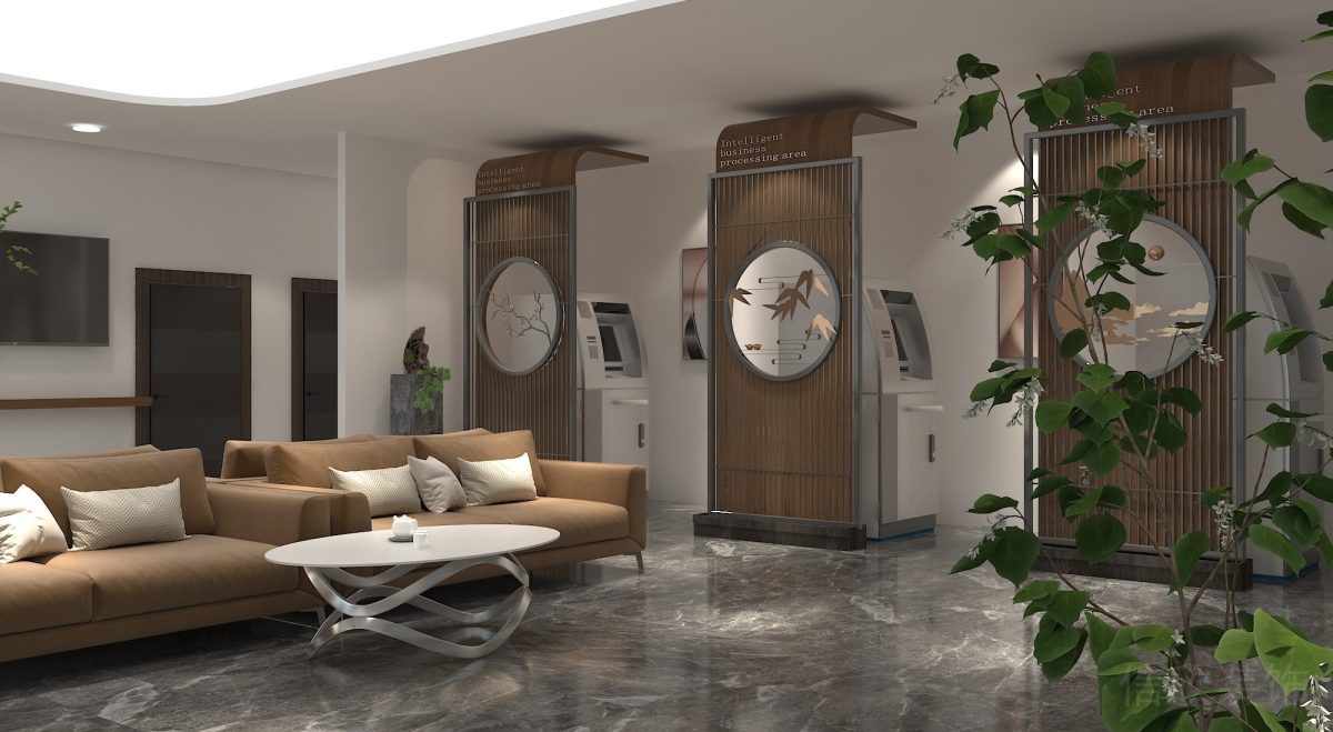 棕色真皮沙發(fā)辦公室裝修獨(dú)立木飾面銀行柜臺(tái)自助設(shè)計(jì)效果