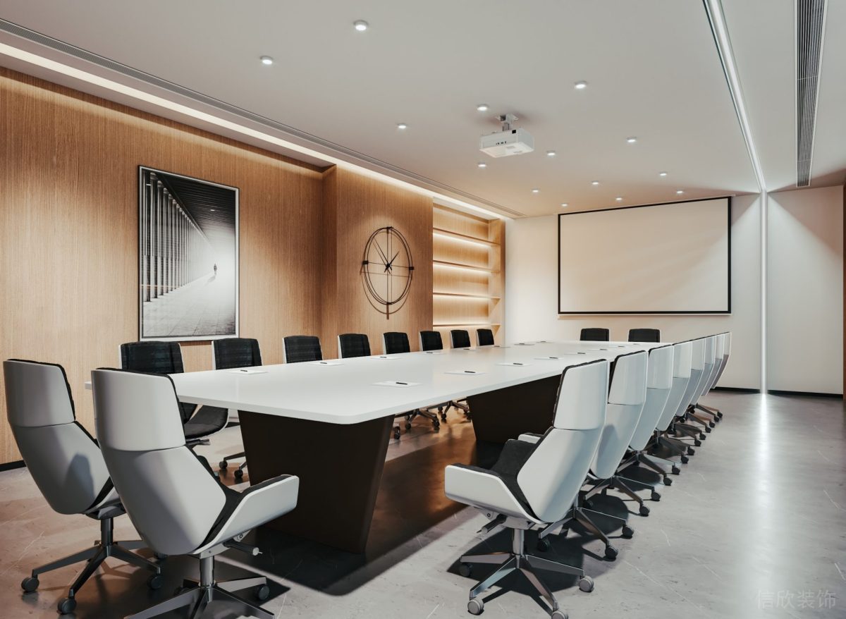 直線式辦公室裝修木質(zhì)效果玻璃會議室裝修鏤空時鐘效果投影設(shè)計圖