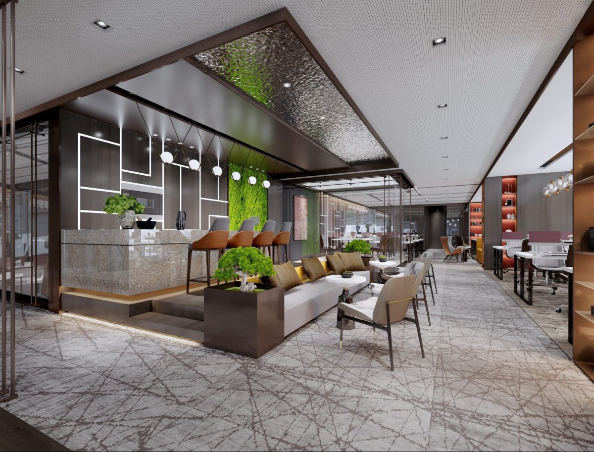 直線(xiàn)式地板射燈效果地臺(tái)設(shè)計(jì)效果半墻座椅天花玻璃肌理辦公室