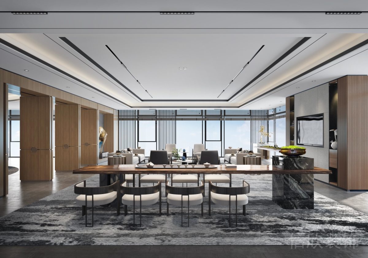 直線式中式風(fēng)辦公室裝修設(shè)計(jì)木飾面鏤空座椅效果偏軸門裝修