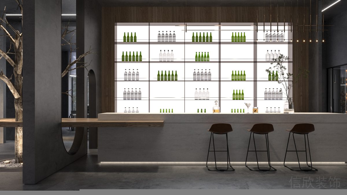 直線式長桌墻體儲物酒柜設(shè)計燈飾效果辦公室設(shè)計圖