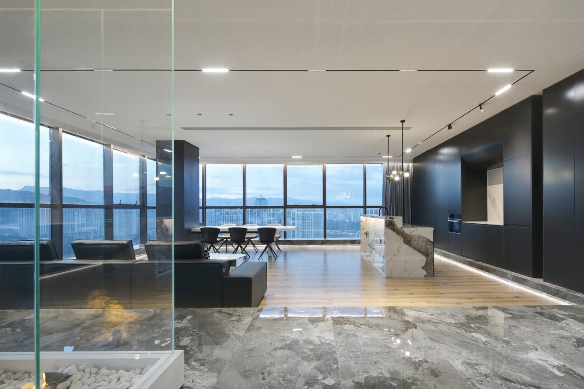 大理石瓷磚地板木質(zhì)開(kāi)放式洽談區(qū)會(huì)議室茶水間設(shè)計(jì)黑色收納墻體裝修