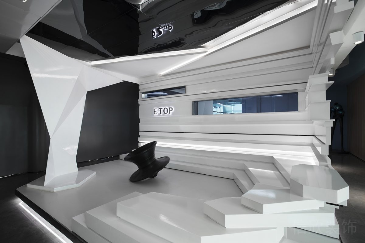 黑白色調(diào)辦公室裝修過道階梯式光面琺瑯材質(zhì)效果休息區(qū)設計圖