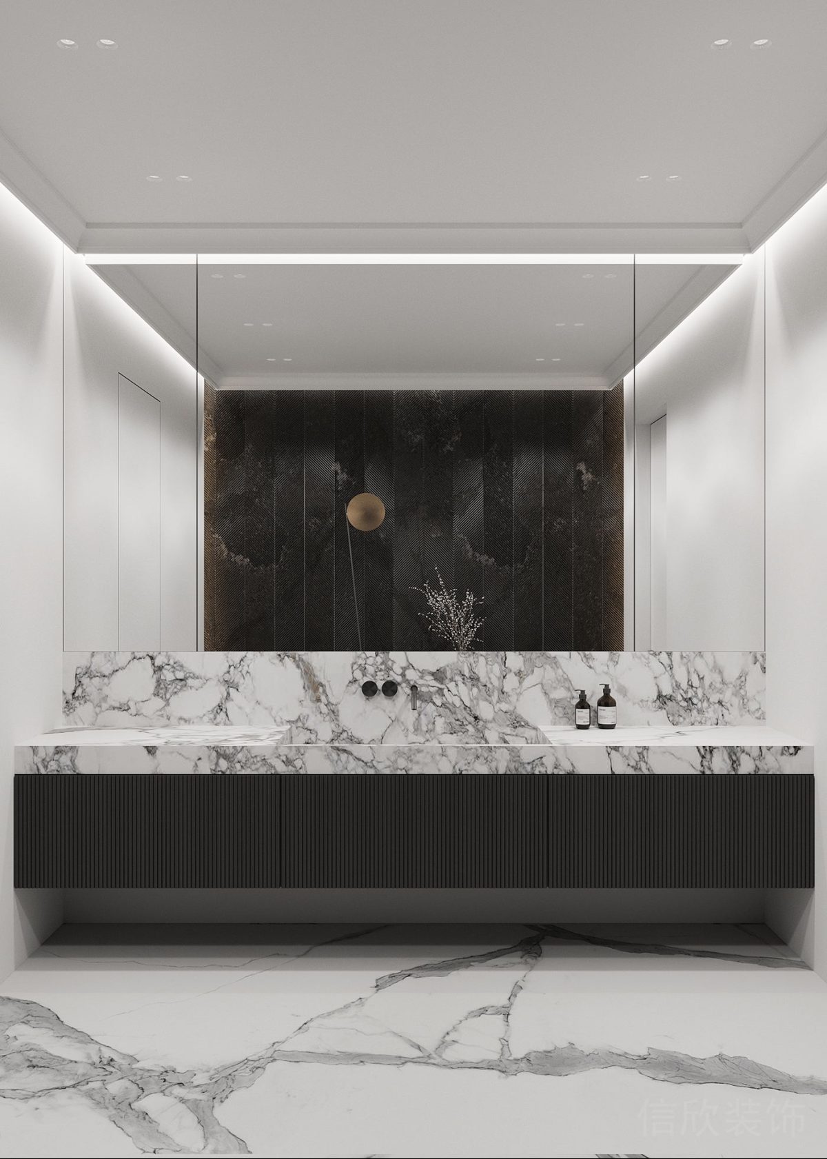 黑白色調(diào)現(xiàn)代簡約風(fēng)辦公室裝修鏡面直線洗手池設(shè)計鏤空儲物柜裝修