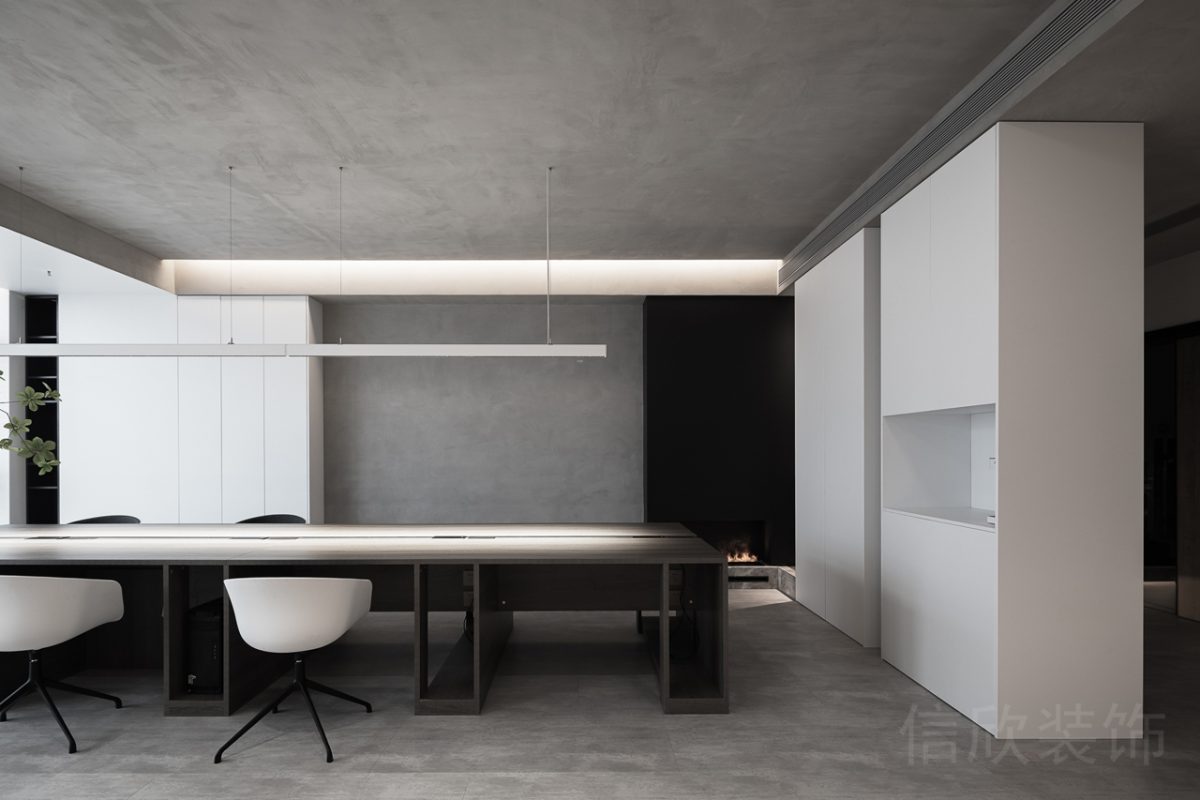 黑白色調(diào)現(xiàn)代簡約風(fēng)辦公室裝修設(shè)計內(nèi)嵌式墻柜茶水間隔斷會議室效果圖