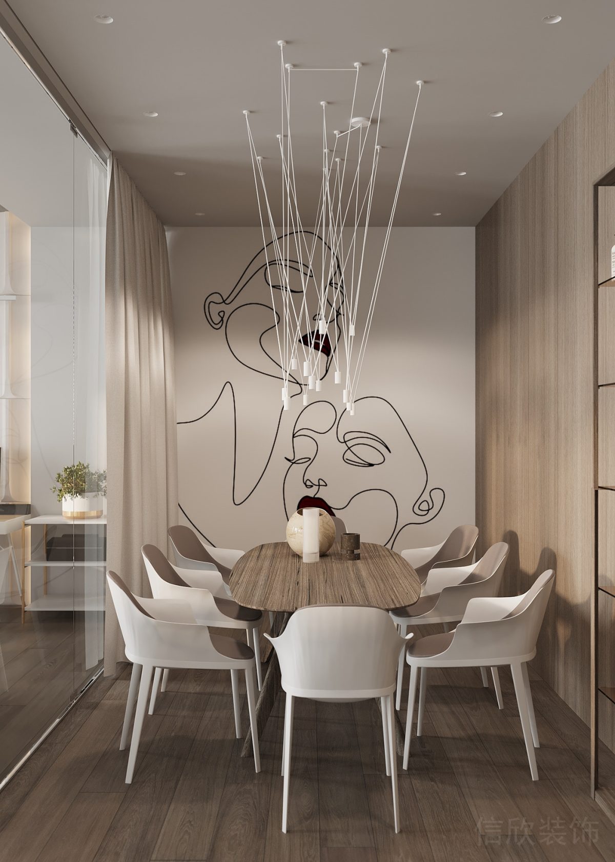 會議室裝修設計木質工作桌圓角創(chuàng)意時尚天花燈飾裝修