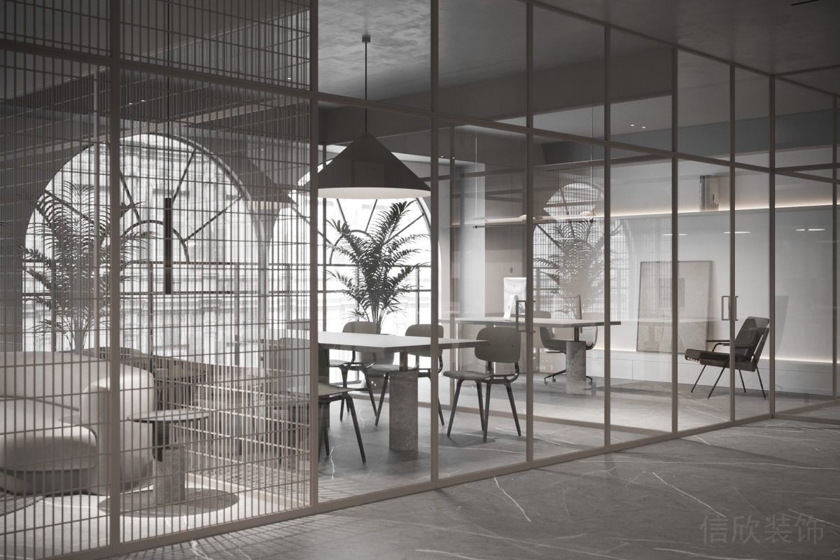 竹編鏤空隔斷設(shè)計辦公室隔斷分區(qū)設(shè)計效果灰色調(diào)裝修