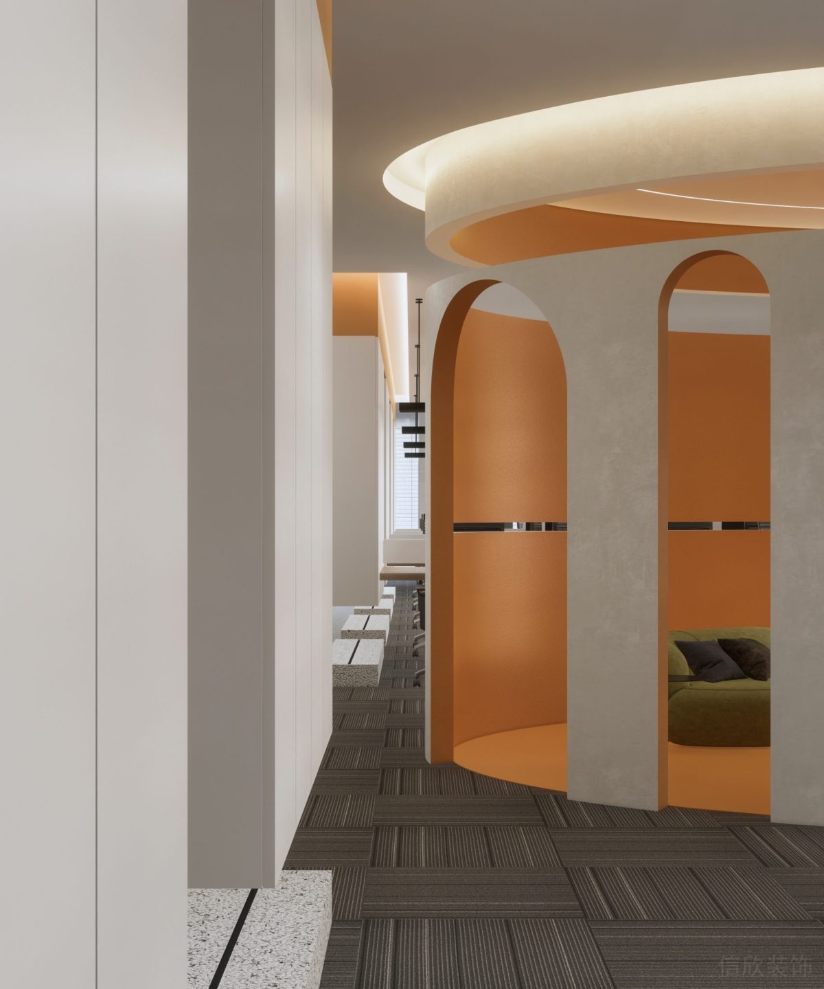 橙色設(shè)計(jì)休息區(qū)辦公室裝修設(shè)計(jì)拱形門框過道開放式員工休息區(qū)