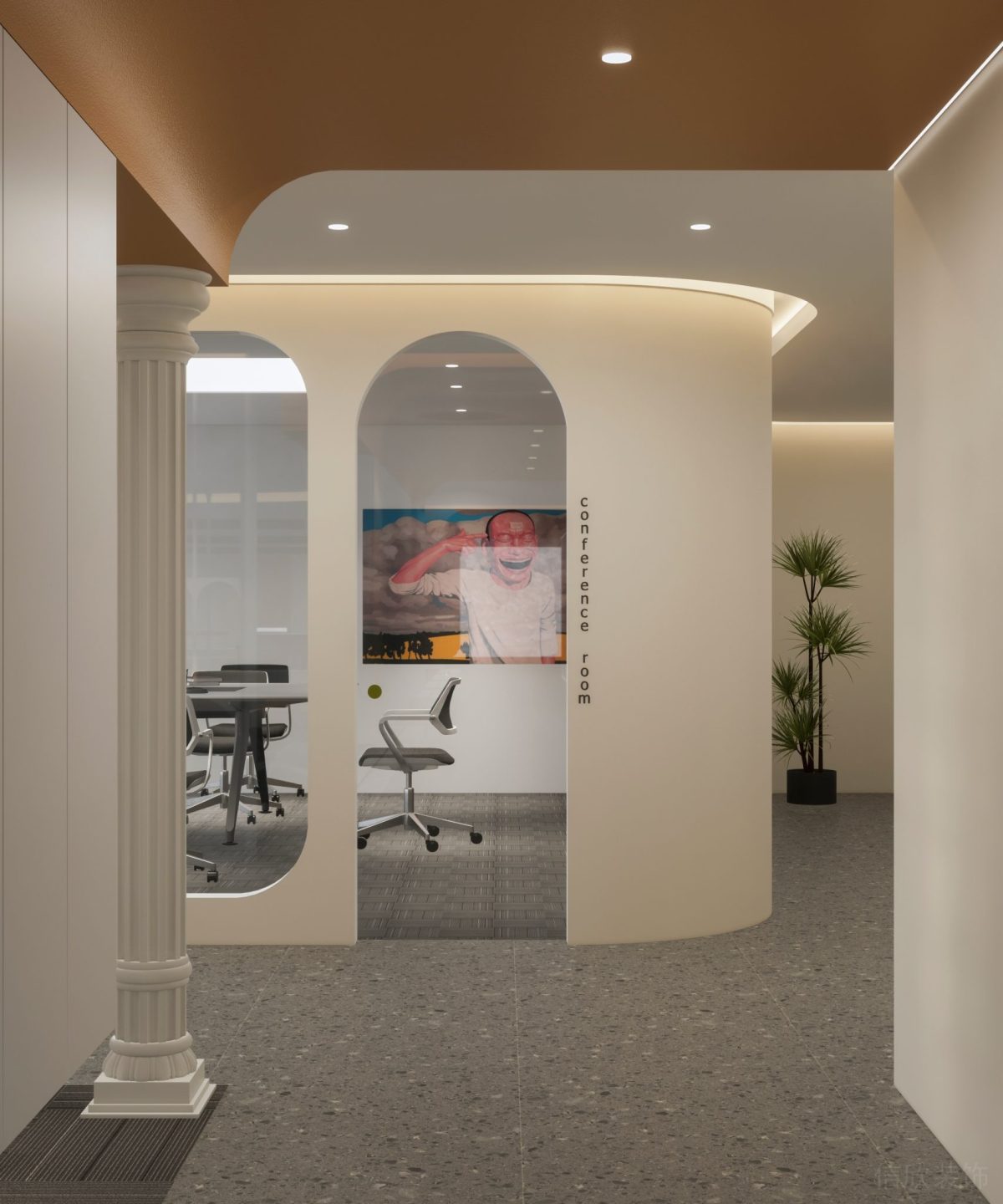 橙色天花現(xiàn)代古典風(fēng)石膏線設(shè)計(jì)墻柱過道水磨石工作室