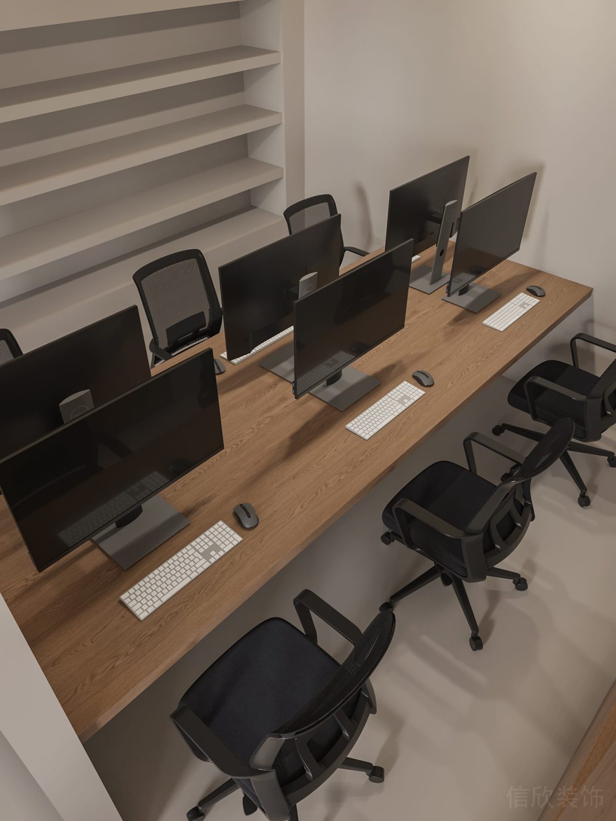 多人工位木質(zhì)工作桌裝修圖內(nèi)嵌式墻體隔斷效果辦公室設(shè)計(jì)