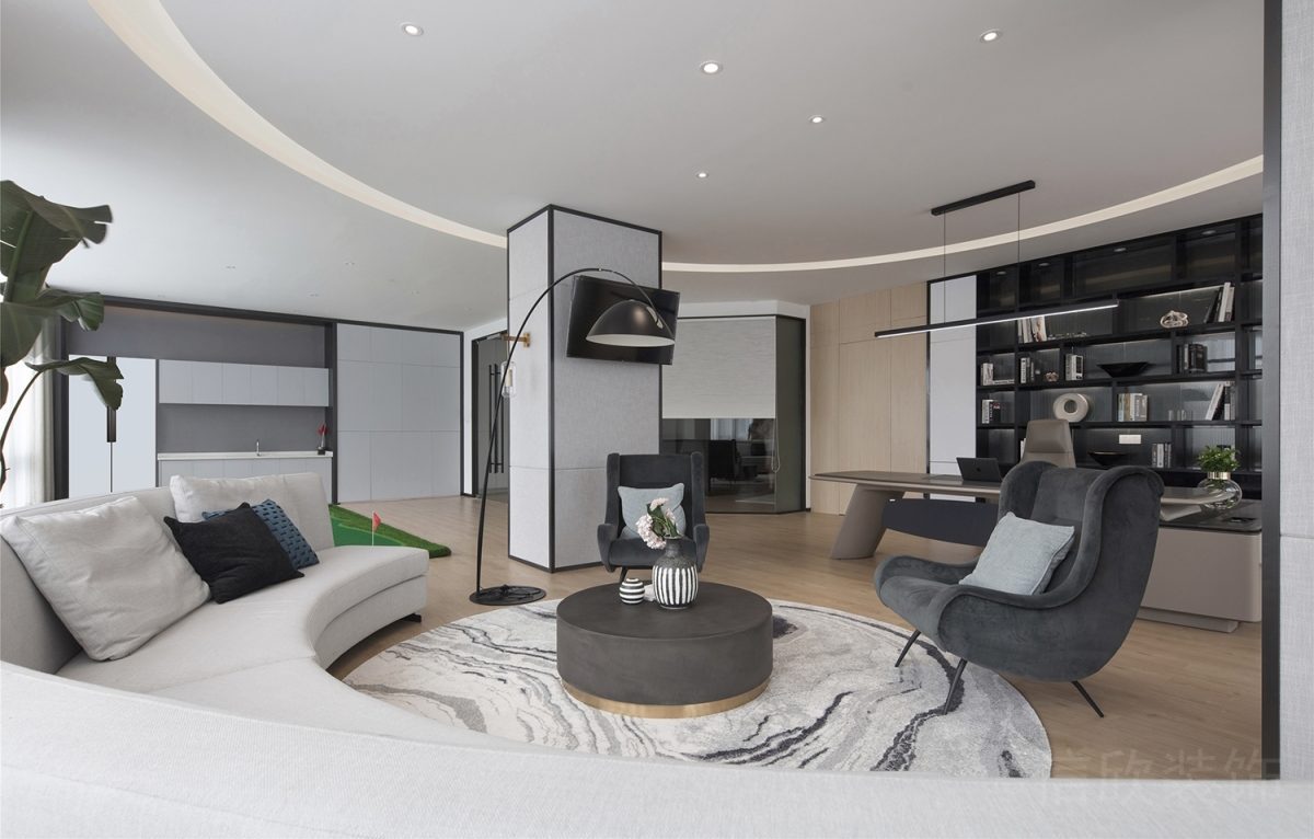 環(huán)形設(shè)計(jì)休息區(qū)裝修設(shè)計(jì)效果白色沙發(fā)墻柜收納效果圖