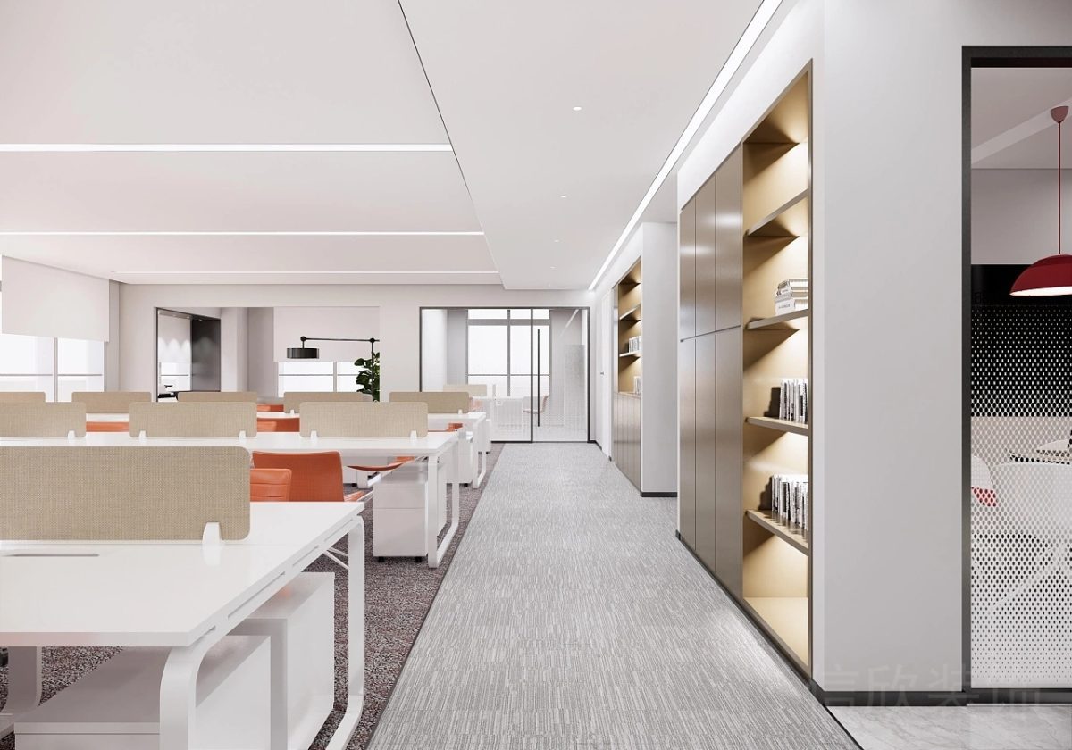 金屬墻體設(shè)計(jì)效果書柜設(shè)計(jì)過道效果裝修多人工位玻璃隔斷漸變色墻體玻璃