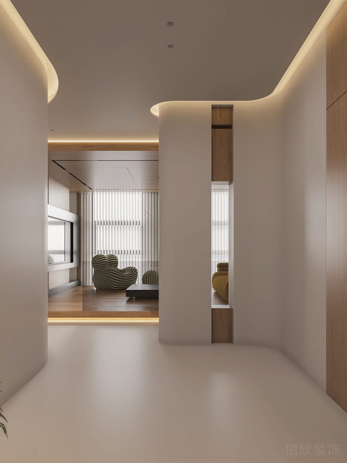 鏤空設(shè)計(jì)效果墻體隔斷藝術(shù)感木質(zhì)辦公室過(guò)道走廊設(shè)計(jì)地臺(tái)效果奶油系裝修圖