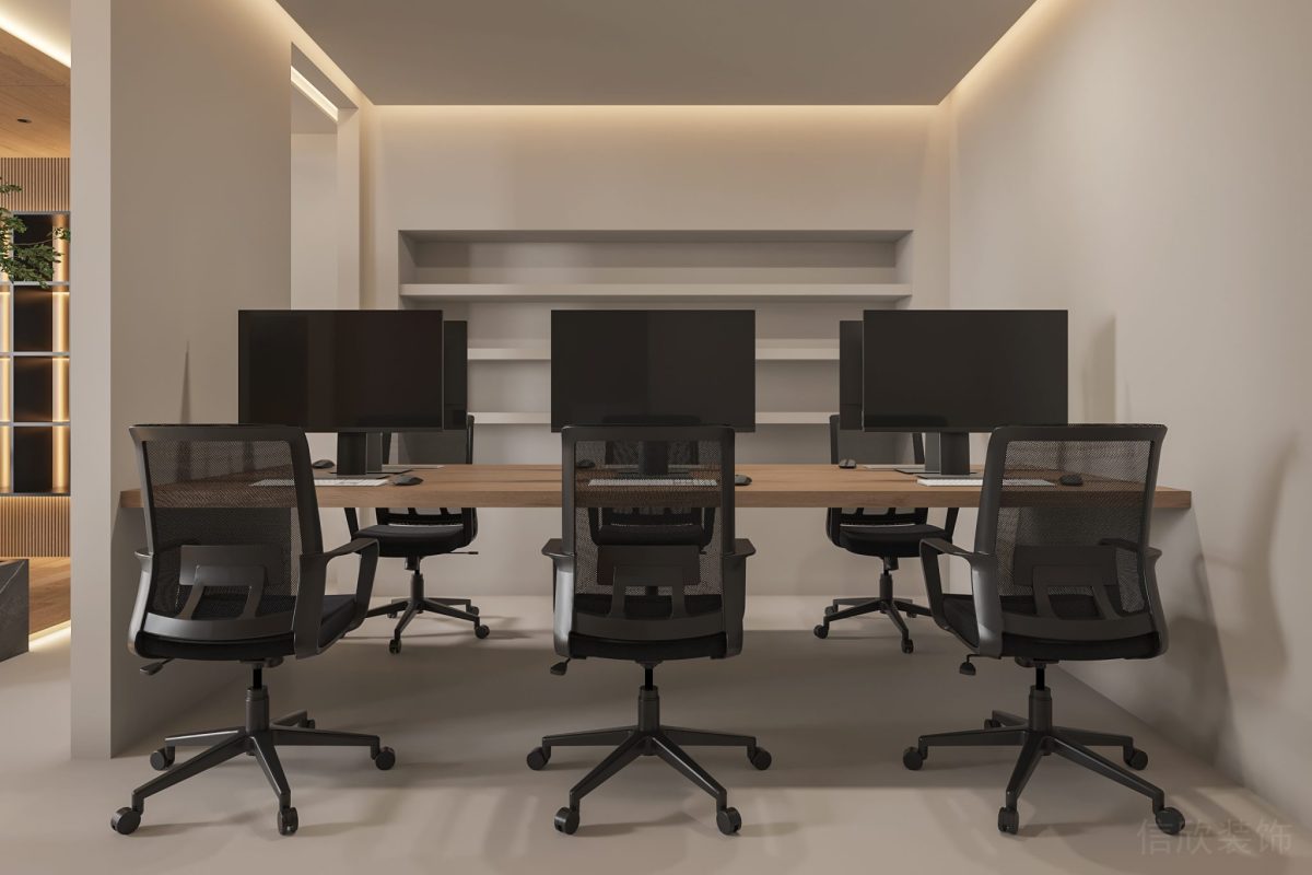 六人制工位辦公室裝修設(shè)計(jì)黑色簡(jiǎn)約風(fēng)計(jì)算機(jī)深圳工作室裝修墻柜效果白色收納柜效果圖