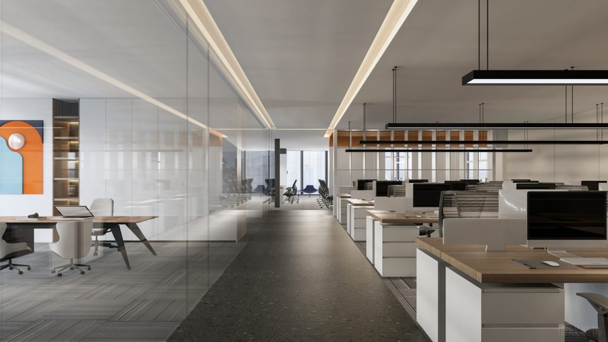 水磨石地板過道走廊設(shè)計(jì)多人工位效果圖玻璃隔斷