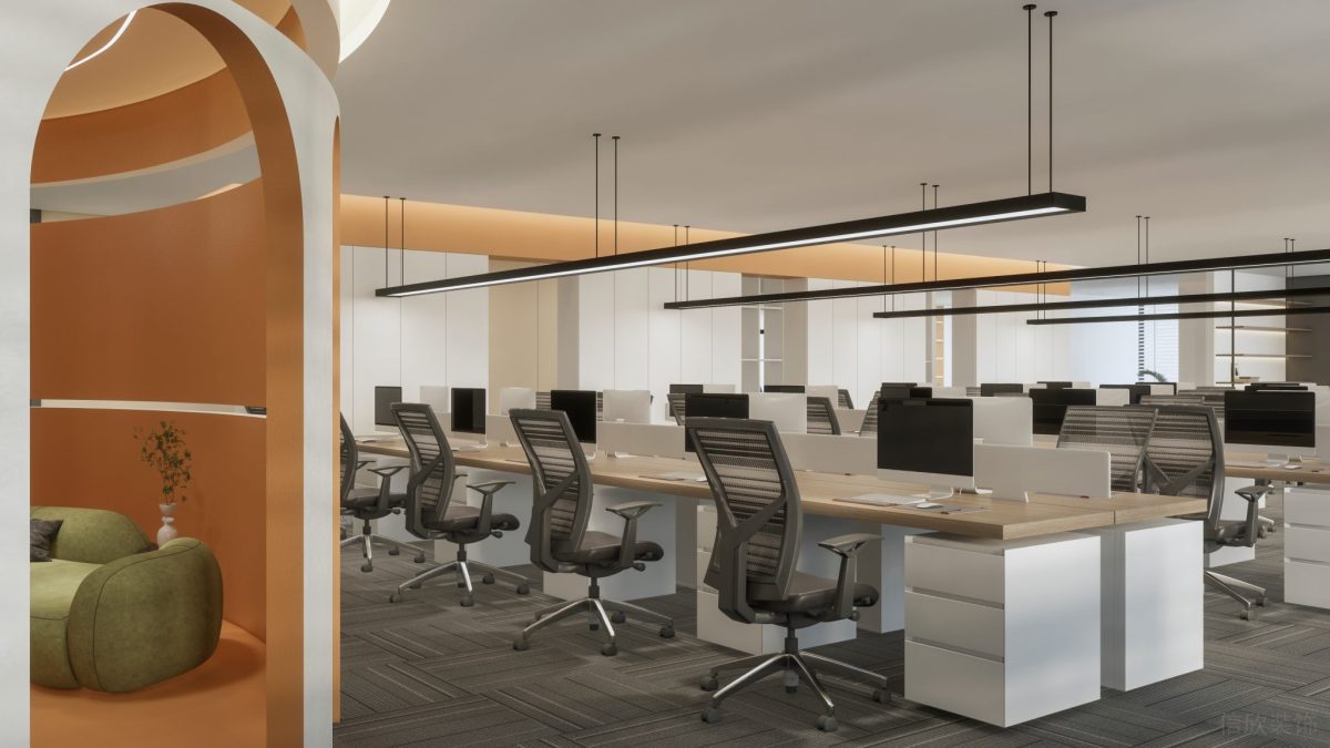 現(xiàn)代辦公室裝修設(shè)計(jì)多人工位設(shè)計(jì)效果拱形橙色設(shè)計(jì)休息區(qū)