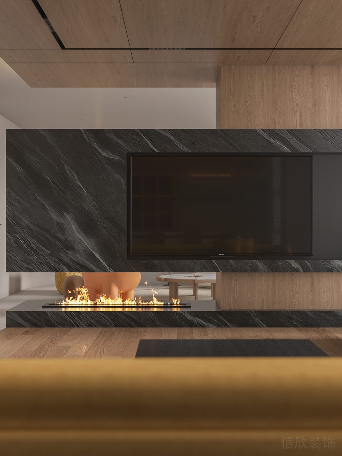 原木風(fēng)辦公室裝修效果火焰加濕器辦公室內(nèi)嵌式顯示屏電視設(shè)計(jì)洽談區(qū)意大利高端肌理大理石效果
