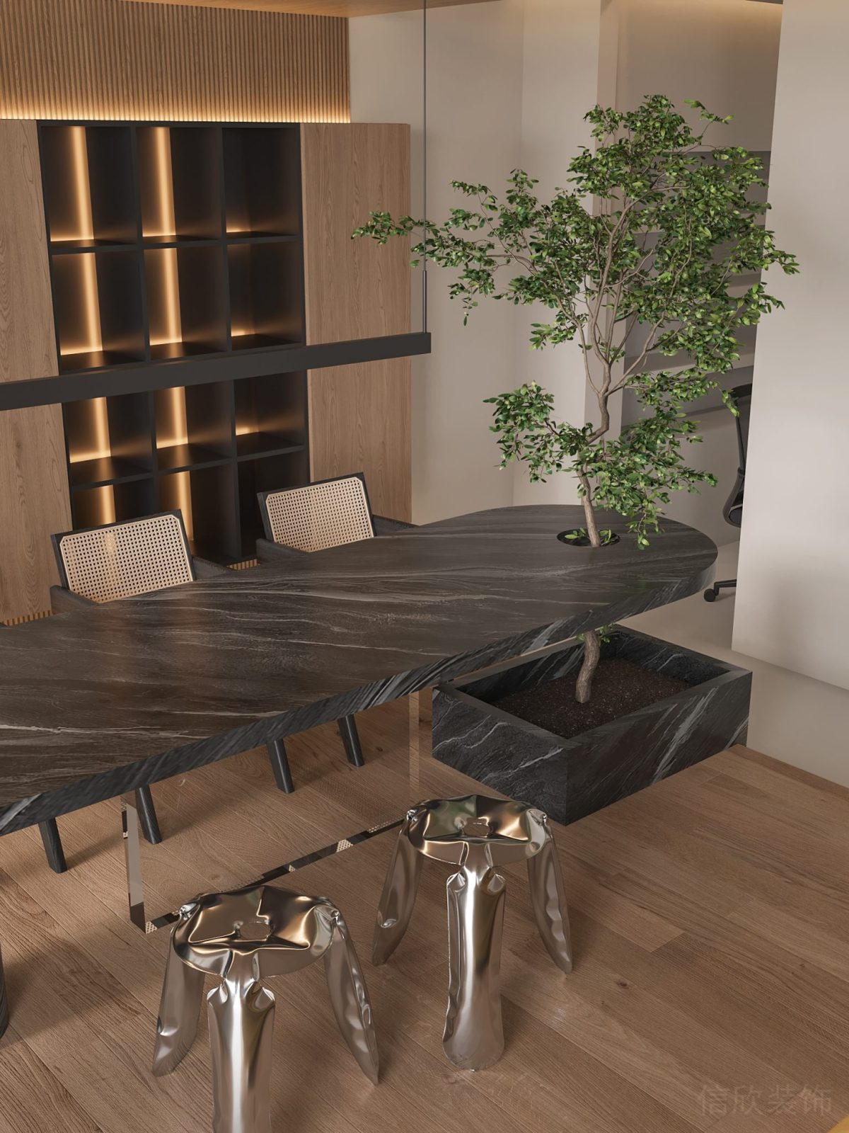 竹編辦公室裝修設(shè)計(jì)會(huì)議室裝修金屬座椅鏤空一體式座椅植物裝飾內(nèi)嵌式遮光收納墻柜效果