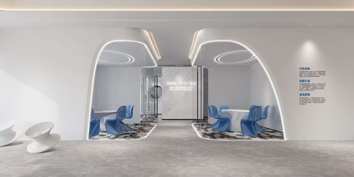 辦公室洽談區(qū)裝修弧形玻璃墻