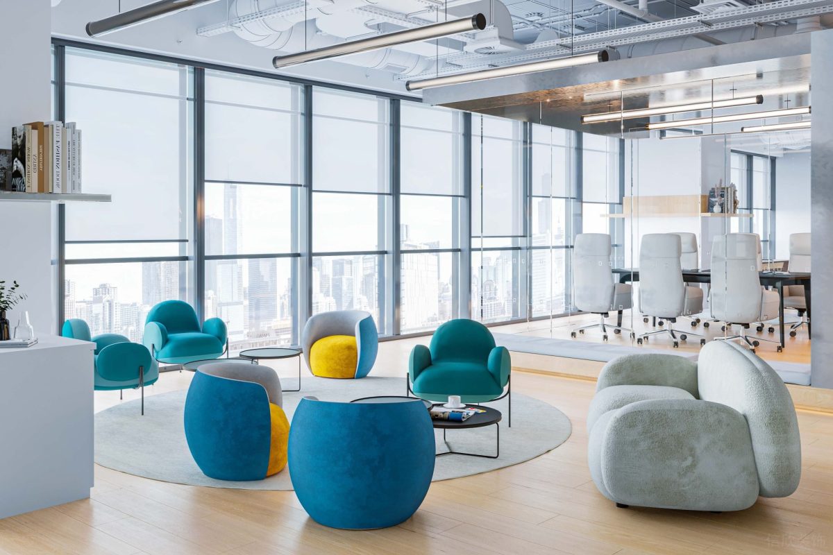 休息洽談區(qū)藍(lán)色的單人布藝沙發(fā)